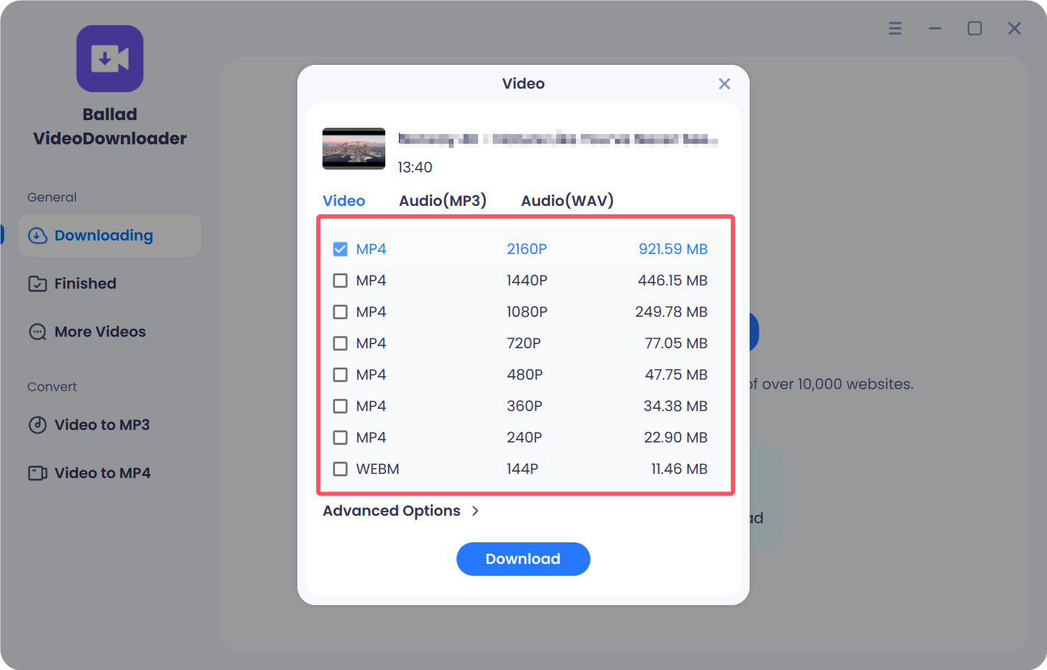 MP4 resolutions to pick before the download starts