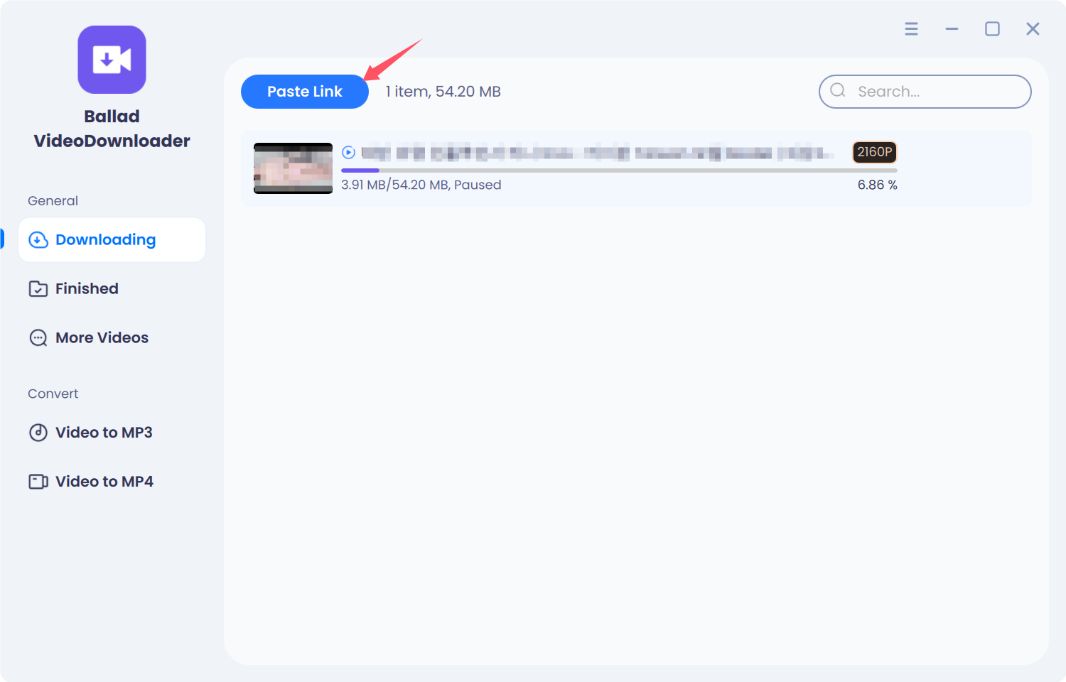 Paste Link button on the Downloading page