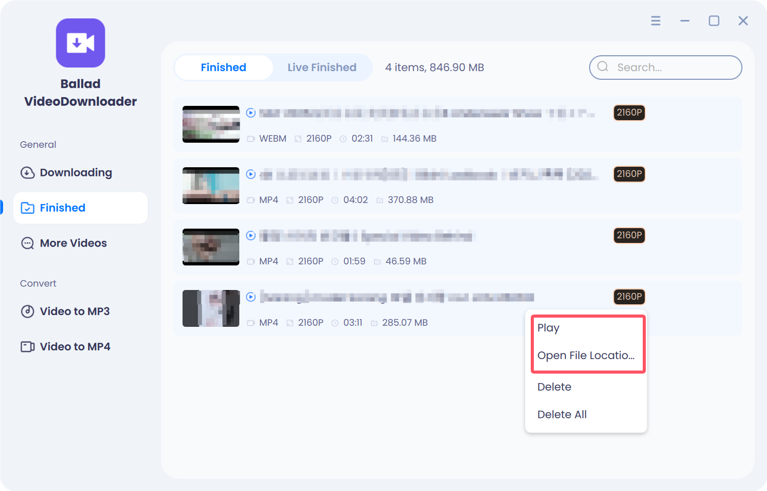 Finished download with Play and Open file location in the right-click menu
